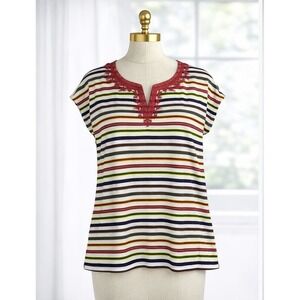 Talbots Knit Top White Multicolor Striped Notched V Neck 100% Cotton Size MP